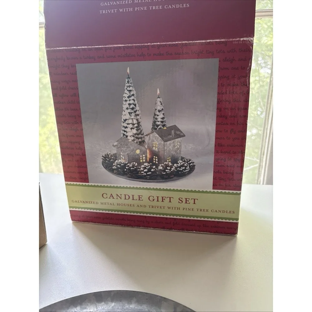 CANDLE GIFT SET-Galvanized Metal House&Trivet with Pine Tree Candles NEW-RARE